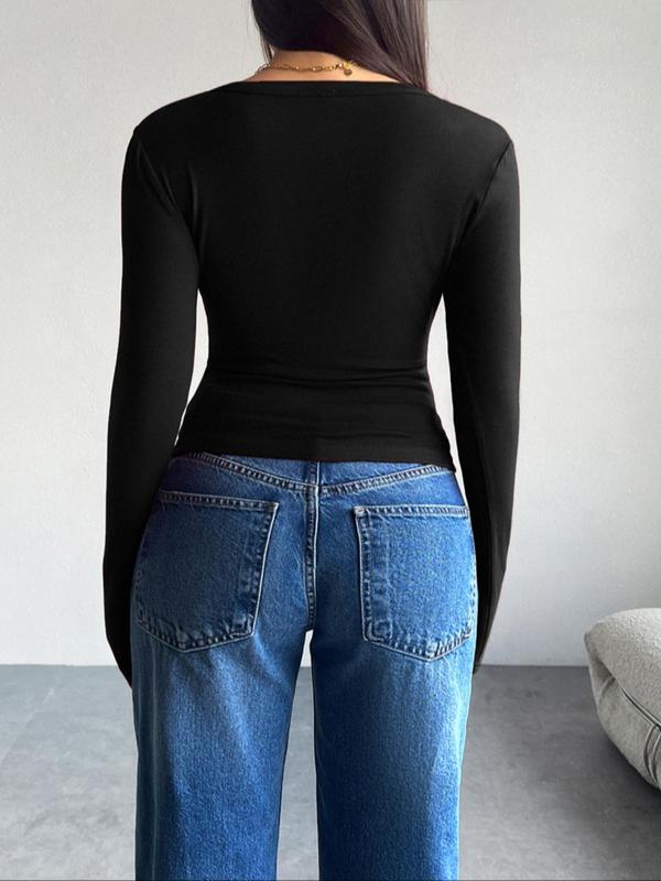 Women's Plain Button Front Long Sleeve Tee, Casual Y2K Round Neck T-shirt for Spring & Fall, Women's Top for Daily Wear